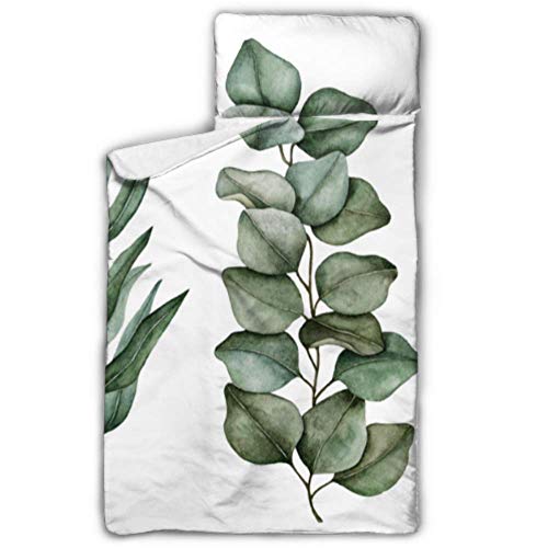 JINCAII Hojas de eucalipto Decoración Verde Sacos de Dormir para niños Saco de Dormir para niñas con Manta y Almohada Diseño Enrollable Ideal para preescolares Guarderías para niños 50"x20