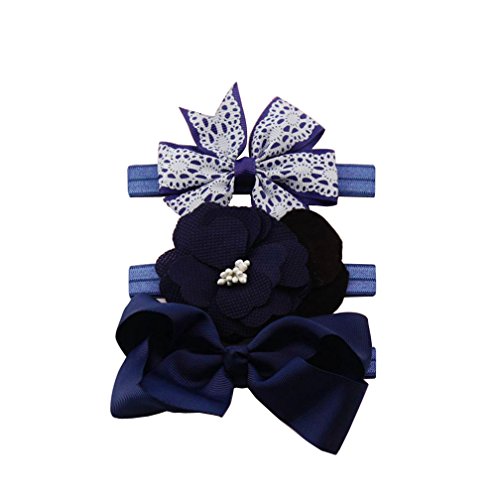 K-youth® 3pcs Niños Elásticos Diadema Floral Pelo Niñas Bebé Bowknot Hairband Conjunto Mariposa Niñas Banda Para La Cabeza Diadema Bebé (Azul oscuro)