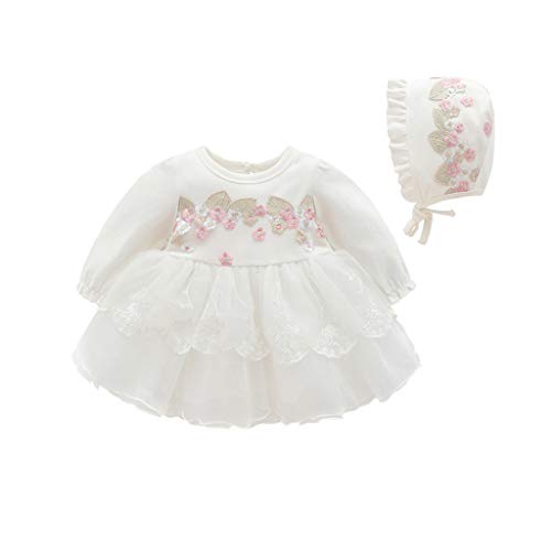 K-youth Vestido de Tul con Bordado para Niñas Primavera Niños para 0-18 Meses Tutu Vestidos de Princesa Manga Larga Infantil Mono Corto Plisado Niñas Vestido de Fiesta y Sombrero (Blanco, 0-3 Meses)