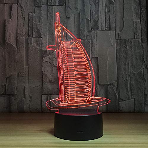 KangYD 3D Night Light Sailing Hotel Patrón de 7 estrellas, lámpara de noche LED, B - Base negra remota (7 colores), Regalo de la suerte, Regalo de fiesta, Iluminación de la habitación