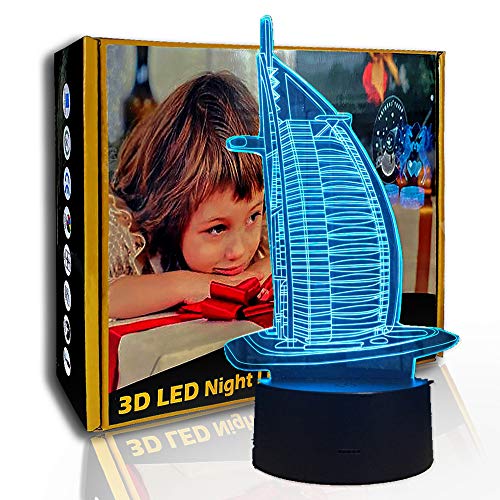 KangYD 3D Night Light Sailing Hotel Patrón de 7 estrellas, lámpara de noche LED, B - Base negra remota (7 colores), Regalo de la suerte, Regalo de fiesta, Iluminación de la habitación