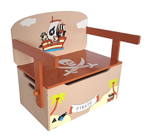 Kiddi Style Caja Almacenaje Juguetes + Banco y Mesa + Silla – Diseño Piratas - Convertible - Madera - par ninos