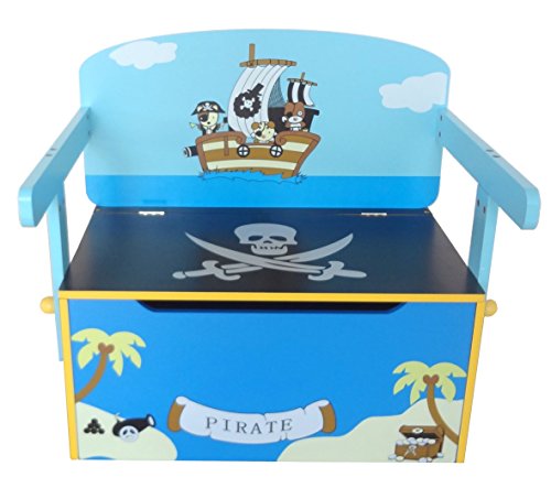 Kiddi Style Caja Almacenaje Juguetes + Banco y Mesa + Silla – Diseño Piratas - Convertible - Madera - par ninos