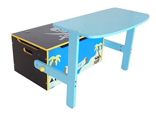 Kiddi Style Caja Almacenaje Juguetes + Banco y Mesa + Silla – Diseño Piratas - Convertible - Madera - par ninos