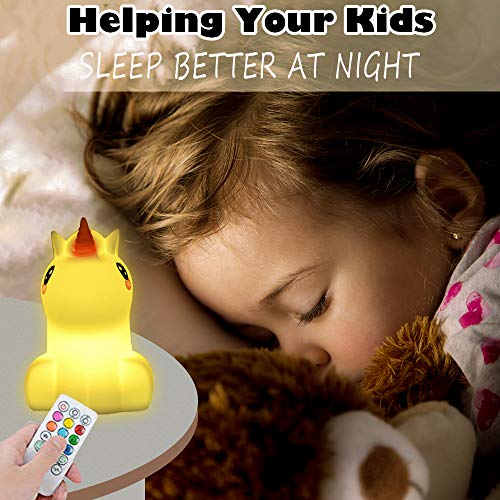 Kids Night Light Cute Unicorn LED Luz de silicona Lámpara de estado de ánimo con control remoto, Dormitorio recargable portátil Lámparas de noche para bebés Juguetes para niñas