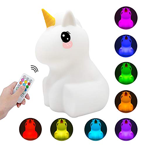 Kids Night Light Cute Unicorn LED Luz de silicona Lámpara de estado de ánimo con control remoto, Dormitorio recargable portátil Lámparas de noche para bebés Juguetes para niñas