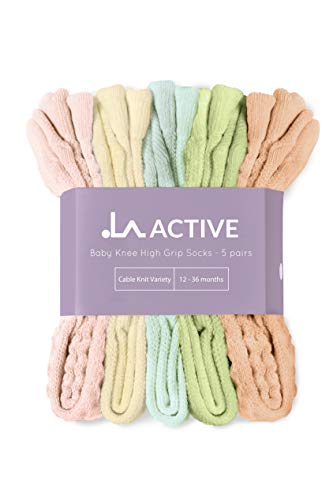 LA Active Calcetines Altos Rodilla Antideslizantes - 5 Pares - para Bebé Niños Niñas Infantil - Algodón de Hilo Tejida (Pasteles, 12-36 Meses)