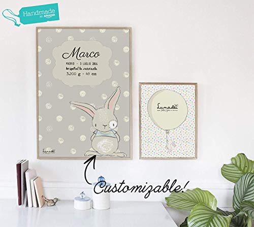 Lamina Personalizable para Bebés con Nombre, Fecha, Talla, Peso, etc. | Ideal para Habitación del Bebé | Disponible Formato A5/A4 | CON o SIN marco