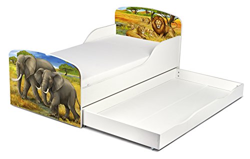 Leomark Cama Infantil de Madera 140/70 Cama para Niños Marco de Cama Colchón y Cajón Cómodo Alta Validad Vuarto de Niños Muebles para Niños Dormitorio Impresa Safari