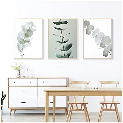 LIPENGYU Imprimir en Lienzo Decoración Sin Marco Hojas de eucalipto Verde nórdico Cartel e Impresiones Plantas Simples Lienzo Pintura Imágenes de Pared -60x80cmx3pcs Sin Marco