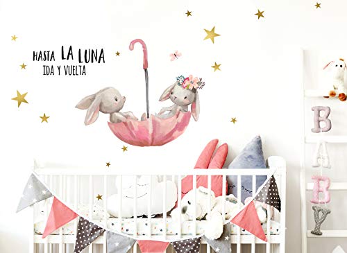 Little Deco Pegatina de Pared hasta La Luna & conejitos en Paraguas I L - 135 x 80 cm (an x al) I Vinilo Adhesivo Decorativo para Cuartos Cuarto del bebé DL252