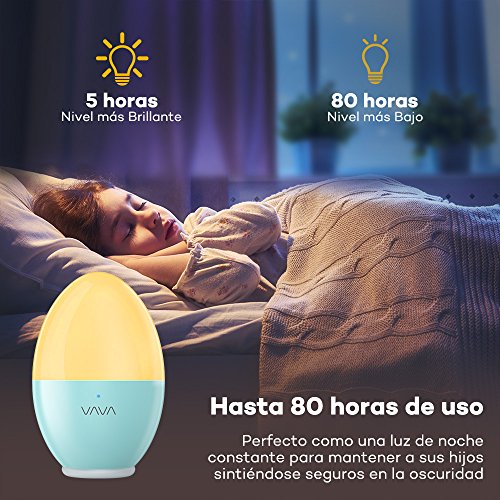 Luz Nocturna Infantil VAVA, Lámpara Quitamiedos para Niños/Bebé (Seguro ABS+PC, IP65 Impermeable, Resistente a Rotura, LED Cuidado Ojos, Brillo y Color Ajustable, Control Táctil, Recargable), Azúl