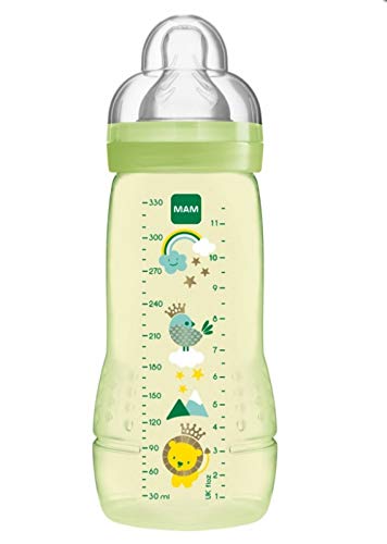 MAM Easy Active Baby Bottle 330 ml, Biberón ergonómico fácil de agarrar, biberón grande de aprendizaje, tetina MAM Nº 3 de silicona y tapa antigoteo, 4+ meses, verde