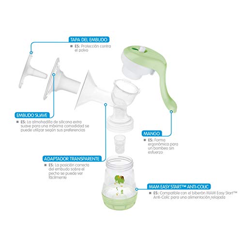 MAM Sacaleches manual, extractor de leche materna cómodo y eficiente, embudo sacaleches para un bombeo sin esfuerzo, incluye 1 biberón Easy Start anticólicos, 0+ meses