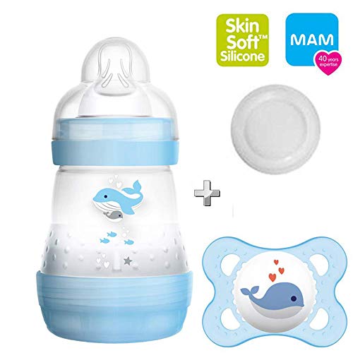 MAM Starter Set – 2 biberones anticólicos de 160 ml con  tetina de tamaño 1 (desde el nacimiento) +  chupete de silicona Skin Soft original de MAM (0 - 6 meses)