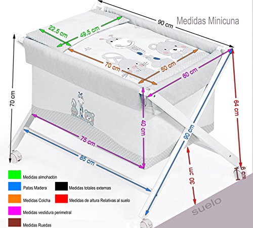 Minicuna Tijera madera Mibebestore Oso Corazón, incluye Textil exterior + Colchón + Colcha + Almohada