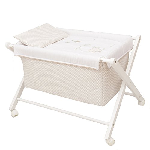 Minicuna Tijera madera Mibebestore Topos Blanco/Beige, incluye Textil exterior + Colchón + Colcha + Almohada