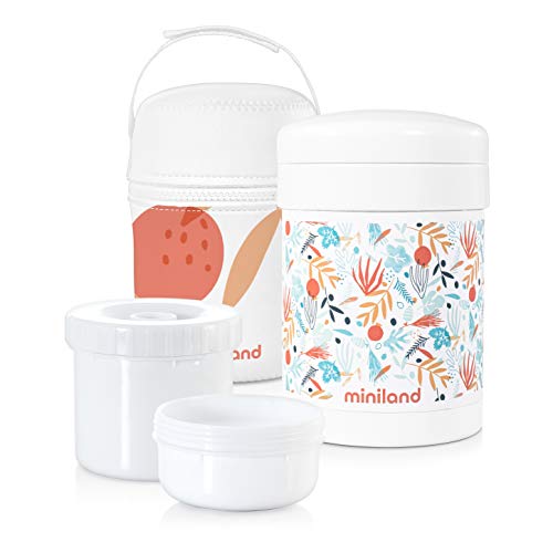 Miniland - Termo papillero de acero inoxidable para bebé con dos herméticos interiores y funda - Termo para alimentos sólidos de 700ml con dos contenedores. Colección Mediterranean.