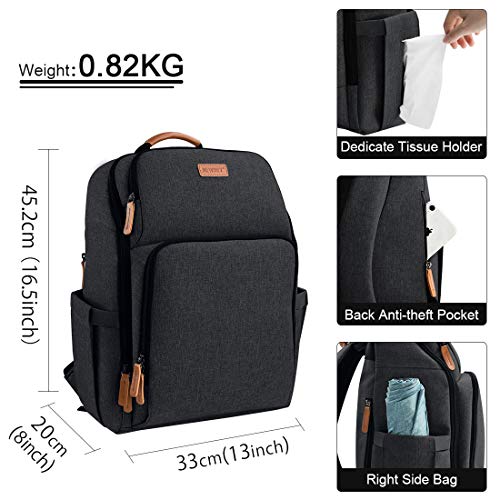 NEWHEY Mochilas de Pañales Bebé Bolsa de Pañales Mamá Multifuncional Gran Capacidad Bolsos Cambiadores Pañales Impermeable con 2 Correas de Cochecito Negro