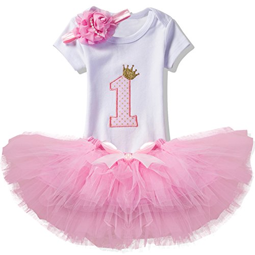 NNJXD Recién Nacida Tutú Primer Cumpleaños 3 Piezas Trajes Mameluco + Falda y Diadema Tamaño (1) 1 Año Rosa