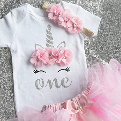 NNJXD Unicornio Arco Iris Tutú Primer Cumpleaños Trajes de 3 Piezas Mameluco + Falda + Diadema 1 Año A-Rosa