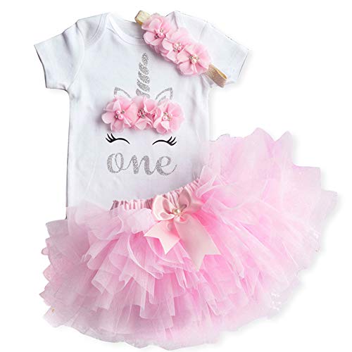 NNJXD Unicornio Arco Iris Tutú Primer Cumpleaños Trajes de 3 Piezas Mameluco + Falda + Diadema 1 Año A-Rosa