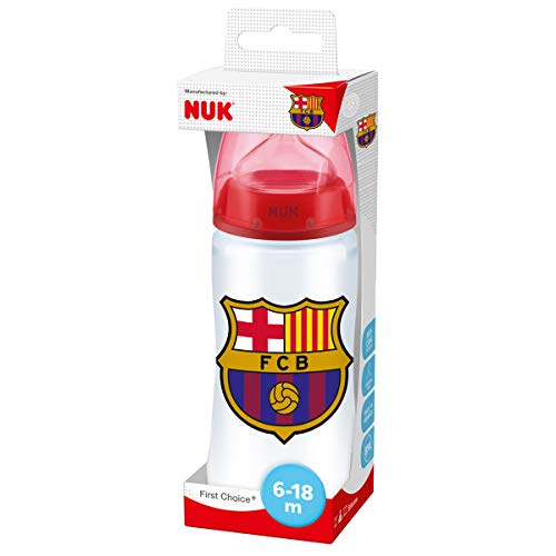 NUK First Choice Biberón + del Barça de Silicona. Biberón Anticólicos. Producto Oficial,  Color Blanco y Rojo,  6 a 18 Meses, 300 ml