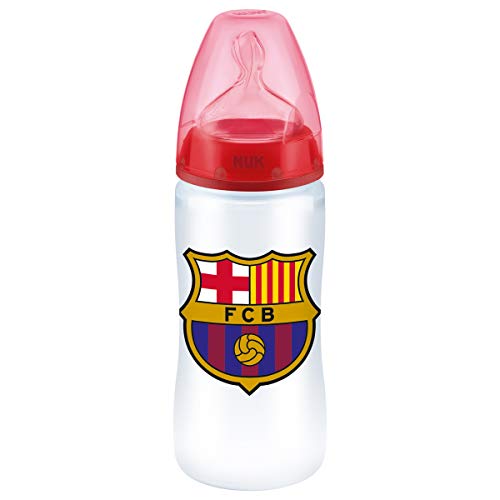 NUK First Choice Biberón + del Barça de Silicona. Biberón Anticólicos. Producto Oficial,  Color Blanco y Rojo,  6 a 18 Meses, 300 ml