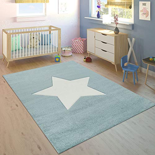 Paco Home Alfombra Habitación Infantil Niño Moderna Gran Estrella En Azul Pastel Y Blanco, tamaño:120x170 cm