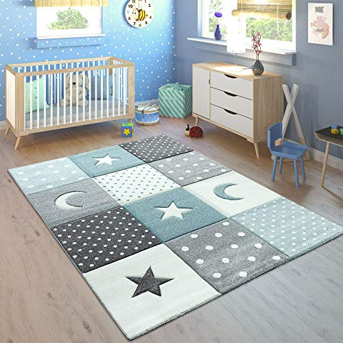 Paco Home Alfombra Infantil Pastel Cuadros Puntos Corazones Estrellas Blanco Gris Azul, tamaño:120x170 cm