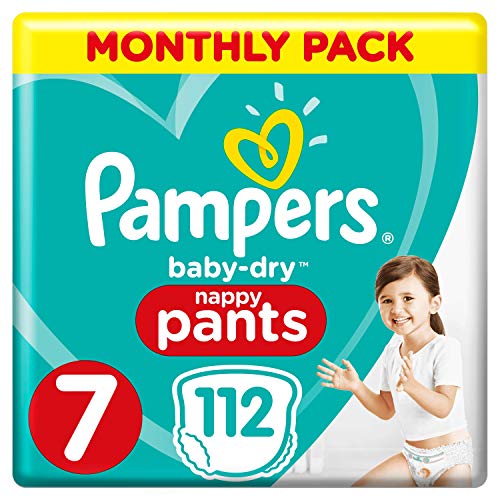 Pampers Baby-Dry - Pantalones de bebé para pañales (tallas 7 meses, 112 pañales, 17 + kg, paquete de ahorro mensual)