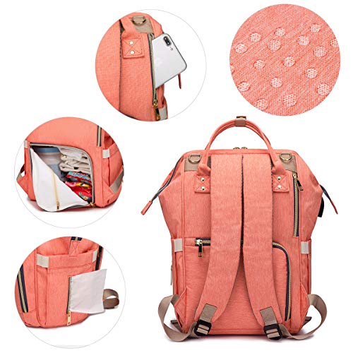 Pañal Bolso Mochila, Bolso de Viaje Gran Capacidad Impermeable Bolsos Cambiadores Multifunción para Cuidado de Bebé y Mamá viajes con Cambiador y Ganchos Carrito Bebé (Naranja)