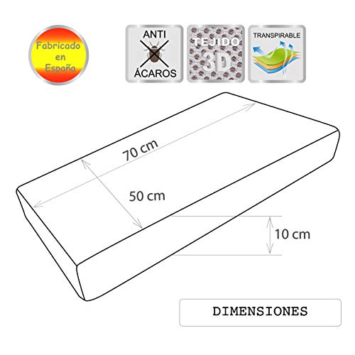 Pekitas - Colchón Minicuna 50x70 cm Funda AIR-3D Transpirable Antiahogo Con Cremallera Lavable Grosor 10cm Interior Espuma Blanca Fabricado en España Medidas Personalizables