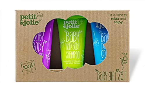 Petit&Jolie set de regalo para bebe - Champú para el cabello y el cuerpo 50ml, Crema para pañales 50ml y Loción para el cuerpo 50ml - ¡Todo lo que necesita para su bebé!