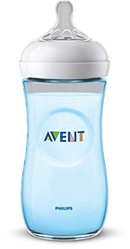 Philips Avent Biberón Natural SCF038/17 - Biberón de 330 ml con tetina con flujo para recién nacidos, diseñada para imitar el tacto del pecho, 0% BPA, 6m+, color azul