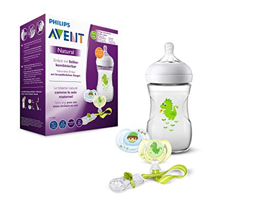 Philips Avent SCD287/24 - Set de regalo natural dragon, 1 biberón, 2 chupetes, 1 clip