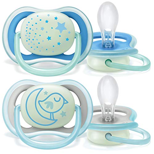 Philips Avent SCF376/21 - Pack de 2 chupetes Ultra Air Nocturno que brilla en la oscuridad, tetina suave para 6-18 m, apta para la piel sensible, con estuche de esterilización, color verde y azul