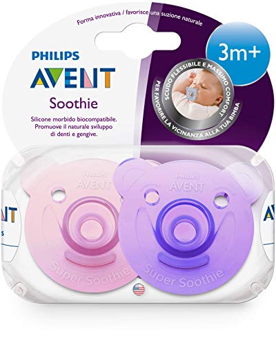 Philips Avent Soothie - Pack de 2 Chupetes calmantes de silicona médica, sin BPA, 3 meses, niña, color morado y rosa