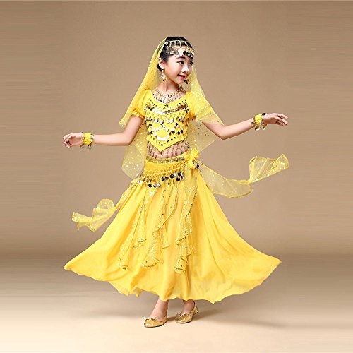 PinkLu Traje De Danza del Vientre para NiñOs Traje De Traje De Danza del Vientre para NiñAs De Los NiñOs Ropa De Baile De La India Top + Falda (Medium, Amarillo)