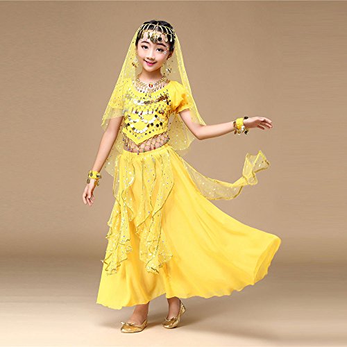 PinkLu Traje De Danza del Vientre para NiñOs Traje De Traje De Danza del Vientre para NiñAs De Los NiñOs Ropa De Baile De La India Top + Falda (Medium, Amarillo)