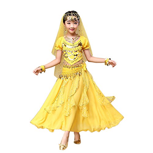 PinkLu Traje De Danza del Vientre para NiñOs Traje De Traje De Danza del Vientre para NiñAs De Los NiñOs Ropa De Baile De La India Top + Falda (Medium, Amarillo)