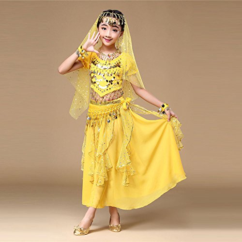 PinkLu Traje De Danza del Vientre para NiñOs Traje De Traje De Danza del Vientre para NiñAs De Los NiñOs Ropa De Baile De La India Top + Falda (Medium, Amarillo)