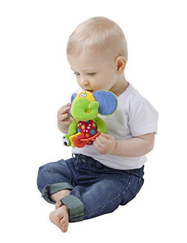 Playgro Sonajero de Peluche Elefante, Con Anillos de Dentición, Sin BPA, Desde los 3 Meses, Zany Zoo Playmate Elephant, Verde/Amarillo, 40128