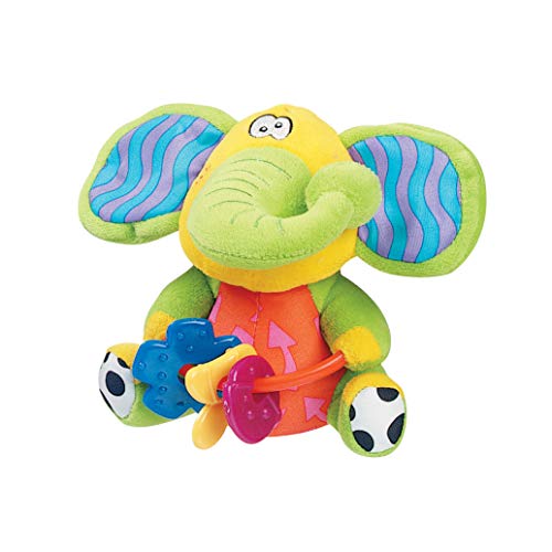 Playgro Sonajero de Peluche Elefante, Con Anillos de Dentición, Sin BPA, Desde los 3 Meses, Zany Zoo Playmate Elephant, Verde/Amarillo, 40128