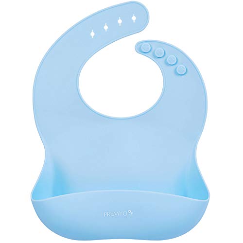 PREMYO Juego de 2 Babero Silicona Bebé con Bolsillo Impermeable Flexible Antimanchas Ajustable Ergonómico Fácil de Limpiar Libre de BPA Gris Azul