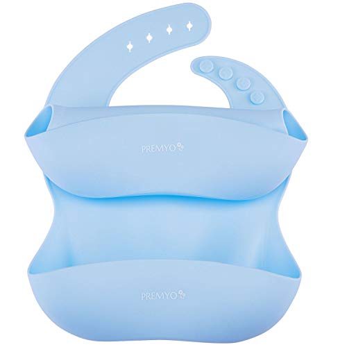 PREMYO Juego de 2 Babero Silicona Bebé con Bolsillo Impermeable Flexible Antimanchas Ajustable Ergonómico Fácil de Limpiar Libre de BPA Gris Azul