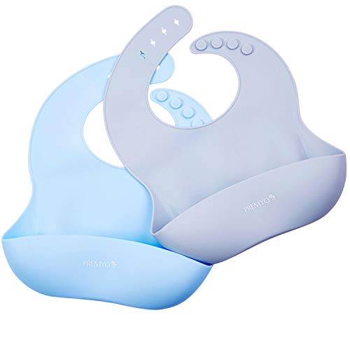 PREMYO Juego de 2 Babero Silicona Bebé con Bolsillo Impermeable Flexible Antimanchas Ajustable Ergonómico Fácil de Limpiar Libre de BPA Gris Azul