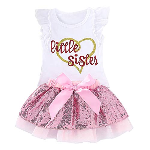 Puseky Baby Girls Little Big Sister Trajes a Juego Camisa de Manga con Volantes Tops Falda de tutú con Lentejuelas Conjunto de Vestido (Color : White+Pink, Size : Big Sister-4Y-5Y)