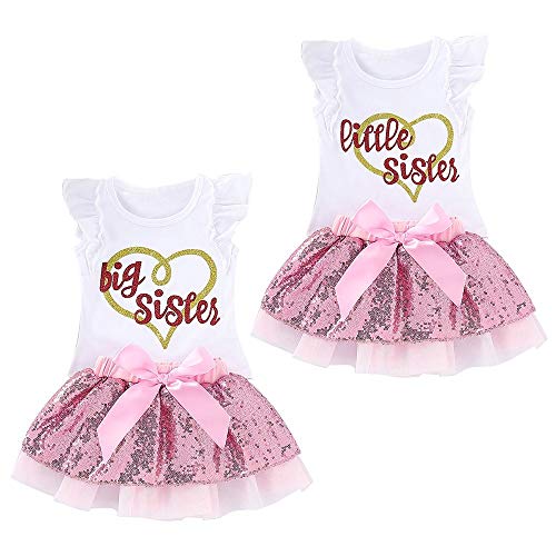 Puseky Baby Girls Little Big Sister Trajes a Juego Camisa de Manga con Volantes Tops Falda de tutú con Lentejuelas Conjunto de Vestido (Color : White+Pink, Size : Big Sister-4Y-5Y)