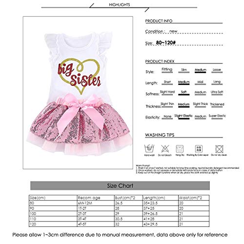 Puseky Baby Girls Little Big Sister Trajes a Juego Camisa de Manga con Volantes Tops Falda de tutú con Lentejuelas Conjunto de Vestido (Color : White+Pink, Size : Big Sister-4Y-5Y)